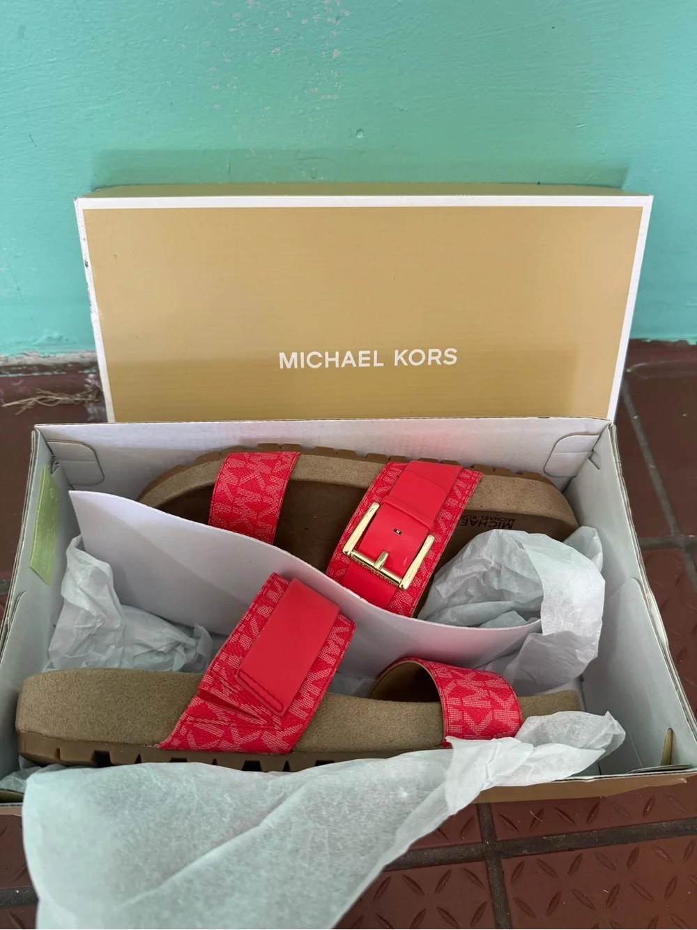 Michael Kors Red MYLAH SANDAL Dual-Strap Slide Sandals with Gold Buckles NWT